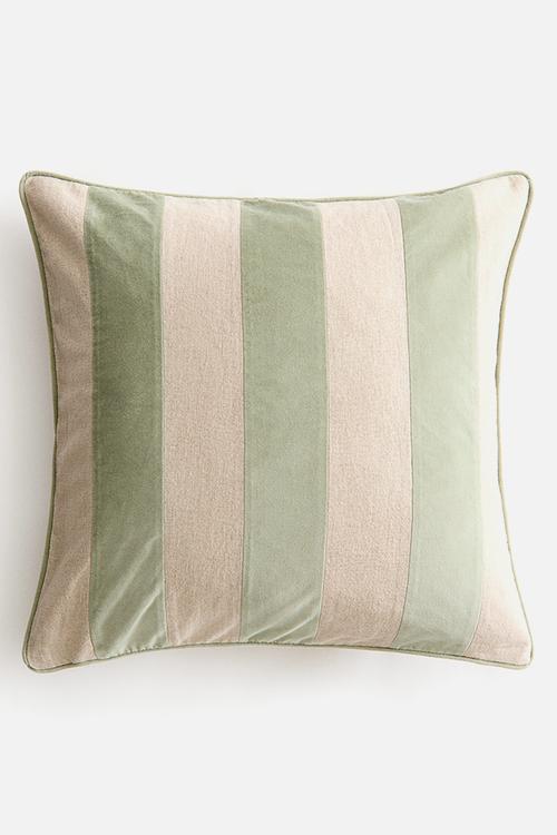 Linen-blend cushion cover - light green/beige striped