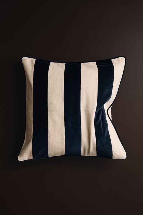 Linen-blend cushion cover - light beige/black striped