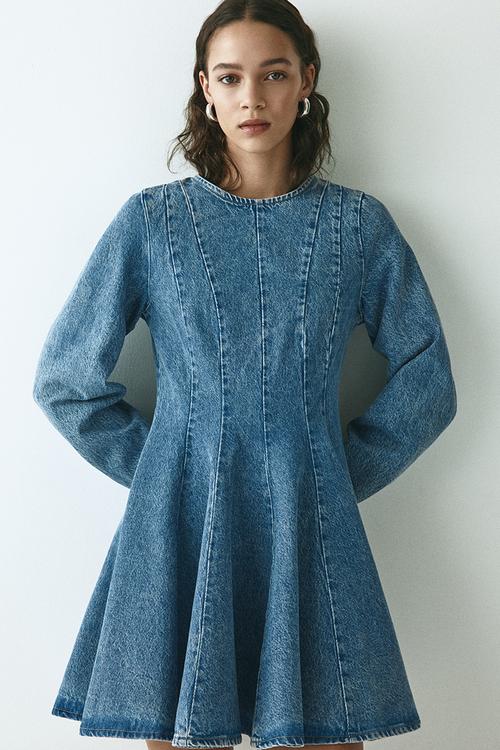 Flared-skirt denim dress - denim blue