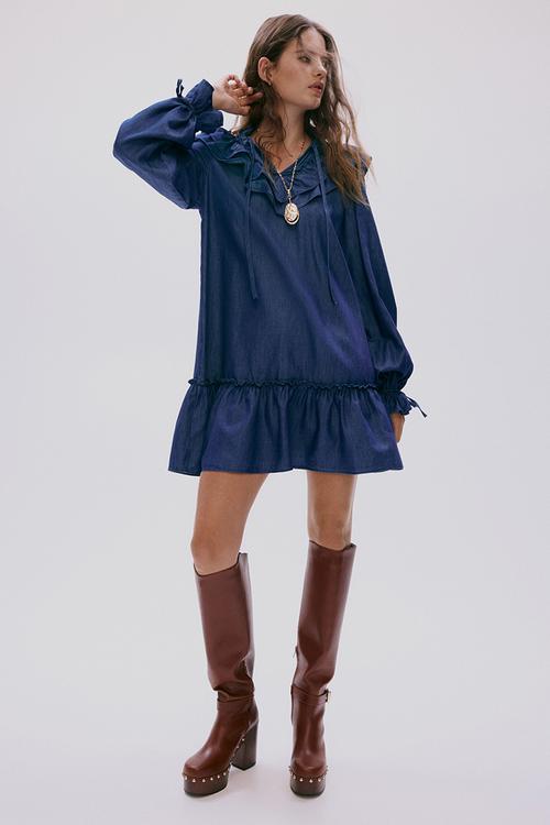 Frill-trimmed denim dress - dark denim blue