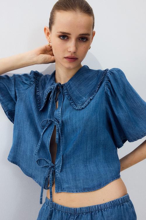 Tie-front denim blouse - denim blue