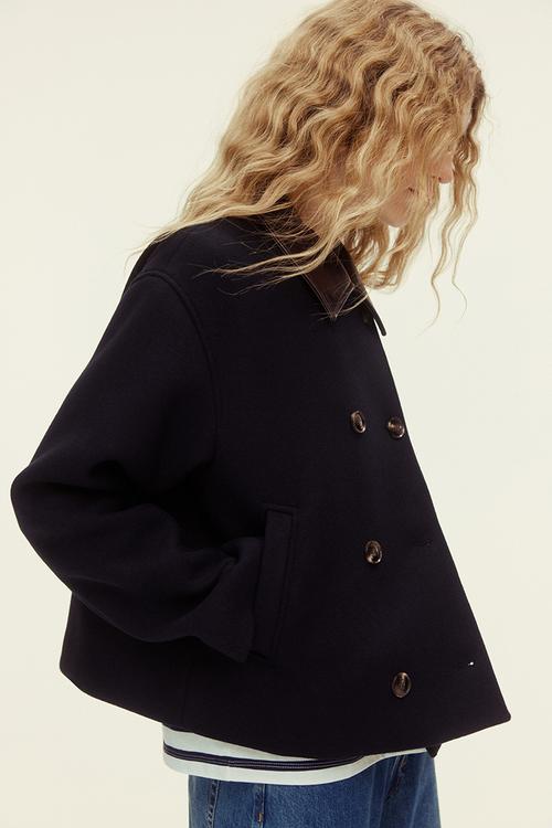 Wool-blend pea coat - navy blue