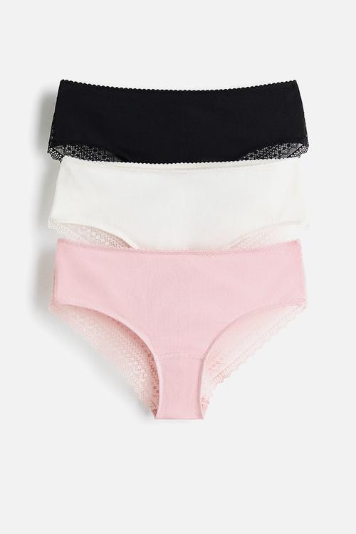 3-pack cotton and lace hipster briefs - light pink/white/black