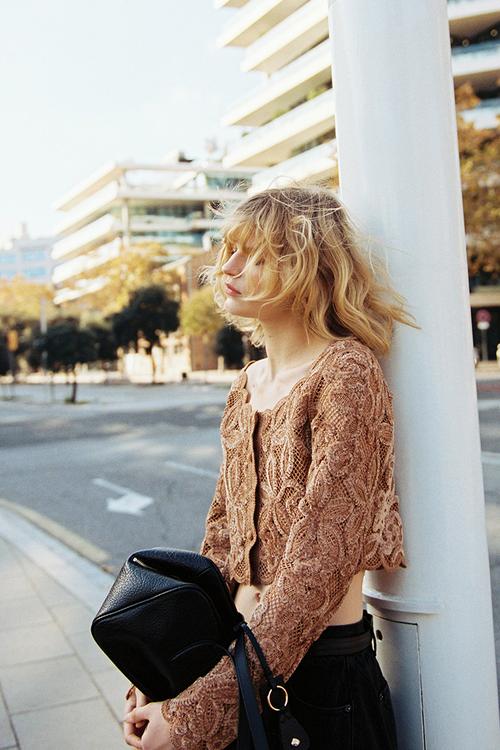 Cropped crochet-look top - dark beige