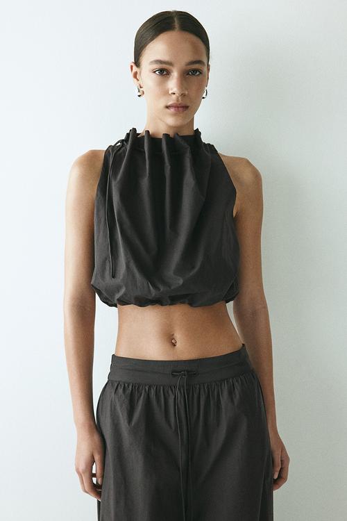 Drawstring-detail poplin top - dark grey