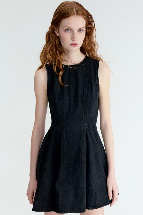 Flared-skirt denim dress - washed black
