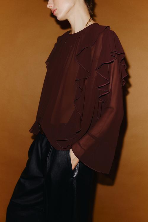 Sheer flounce-trimmed blouse - dark brown