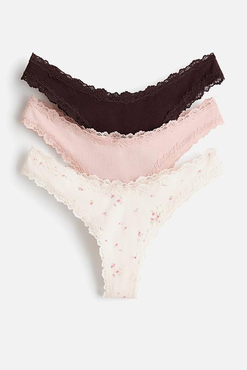 3-pack lace-trimmed brazilian briefs - black/light pink/floral