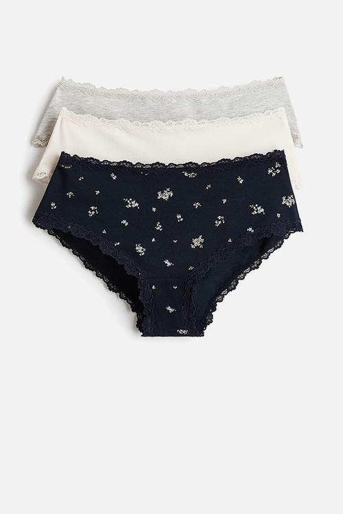 3-pack lace-trimmed hipster briefs - cream/navy blue/floral