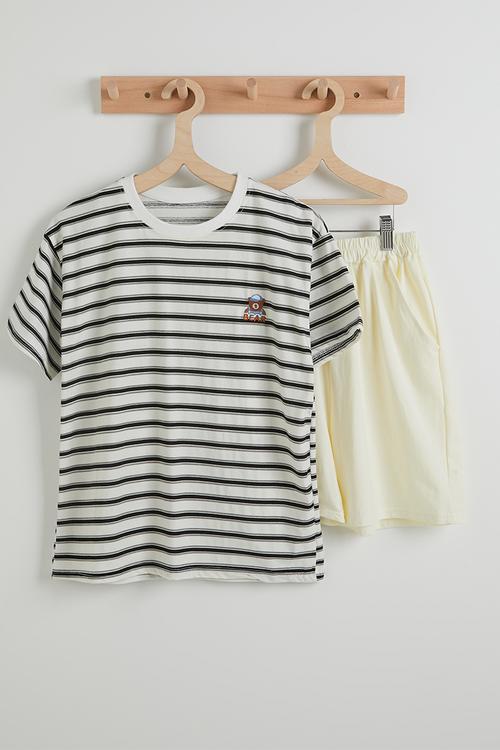 Crew neck tee with shorts - black stripes/cream