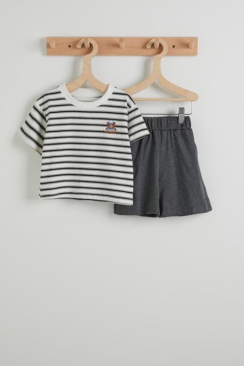 Crew neck tee & shorts - black stripes & grey