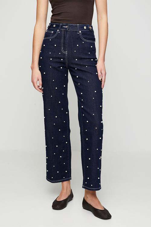 Straight Leg Jean with Pearls - Dark Wash