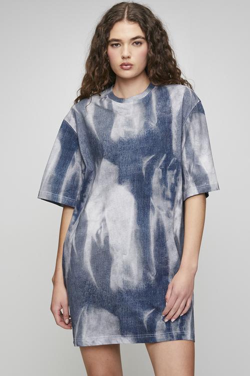 Printed loose r t dress wmn - denim flame aop