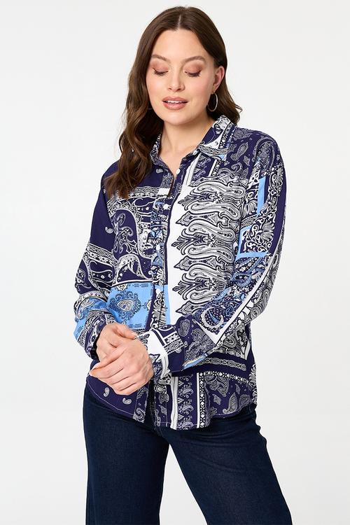 L/S Button Through With Collar Hankerchief Print Top - Navy