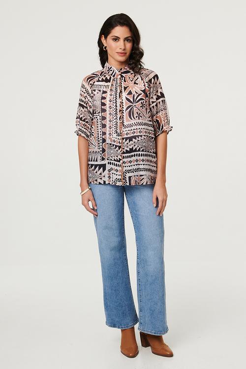 S/S With Elastic Button Through With Embroidery Detail Down Placket - Multi Brown