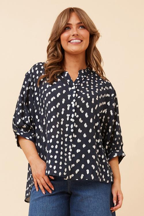Half Sleeve Batwing Easy Wearing Printed Sheer Blouse With Back Button Stand Detail - Navy