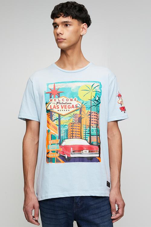 Crew Neck Short Sleeve T-Shirt - Baby Blue/Multi-Colour Print