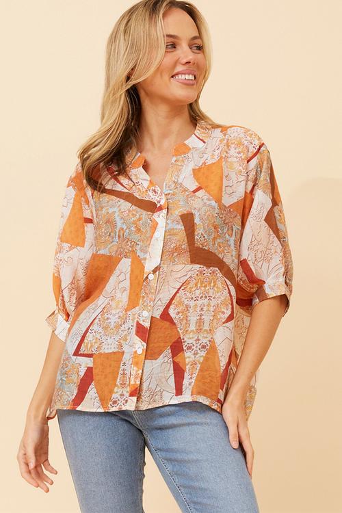 Half Sleeve Batwing Easy Wearing Printed Sheer Blouse With Back Button Stand Detail - Orange