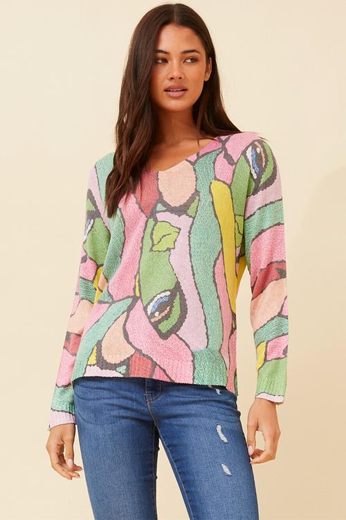 Made In Italy Viscose Blend L/S -Neck Knitwear Top - Pink Multi