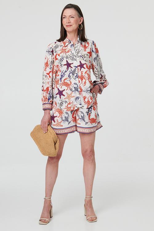 3/4 Sleeve Button Through Border Print Starfish Blouse - Multi
