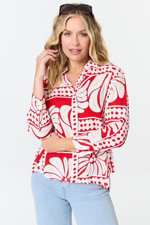 L/S Button Through Printed Blouse - Multi Red