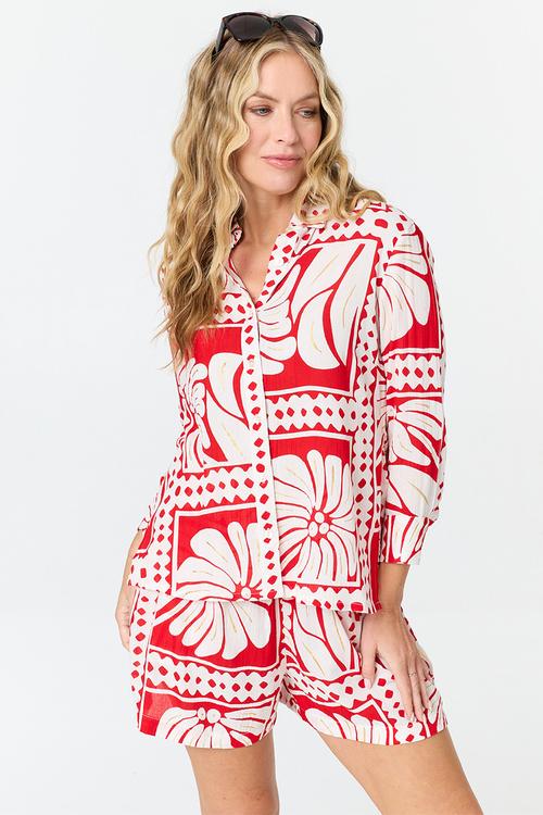 High Waisted Short Border Print Detail - Multi Red