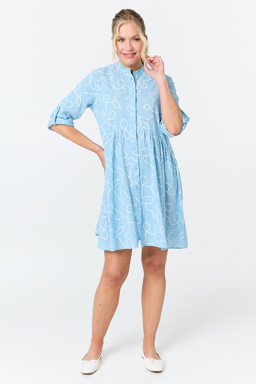 3/3 Sleeve Mandarin Collar Tiered Midi Dress - Blue