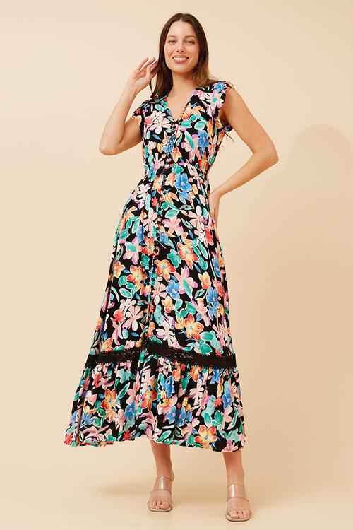 Cap Sleeve With Flutter V-Neck Button Through Maxi Dress With Border Print Detail - Multi Black