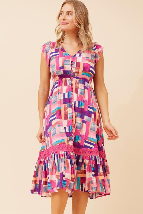 Cap Sleeve With Flutter V-Neck Button Through Midi Dress With Border Print Detail - Pink