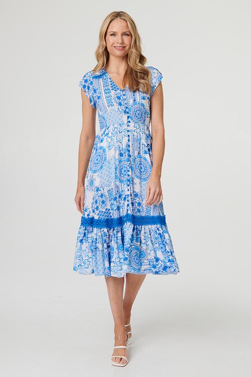 Cap Sleeve With Flutter V-Neck Button Through Midi Dress With Border Print Detail - Blue
