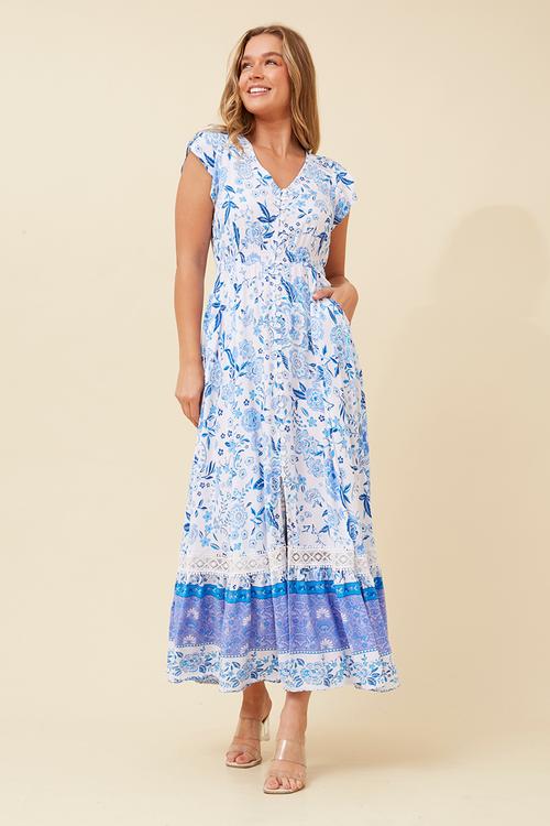 Cap Sleeve With Flutter V-Neck Button Through Maxi Dress With Border Print Detail - Multi Blue