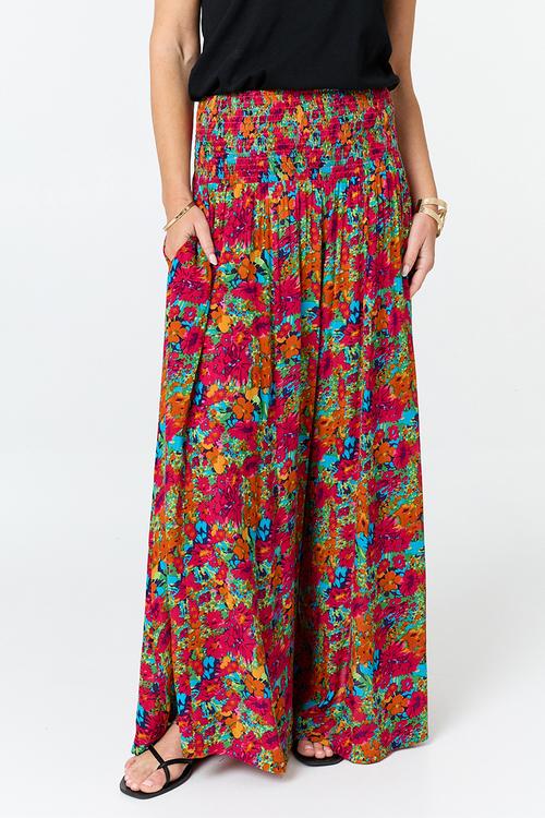 Elasticated Extreme Wide Leg Viscose Pronted Floral Easy Wearing Pant - Red