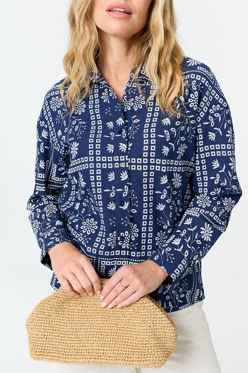 L/S Button Through All Over Printed Shirt - Blue