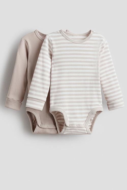 2-pack adjustable-fit long-sleeved bodysuits - light beige/striped