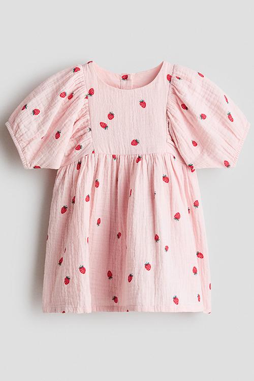 Cotton muslin dress - light pink/strawberries