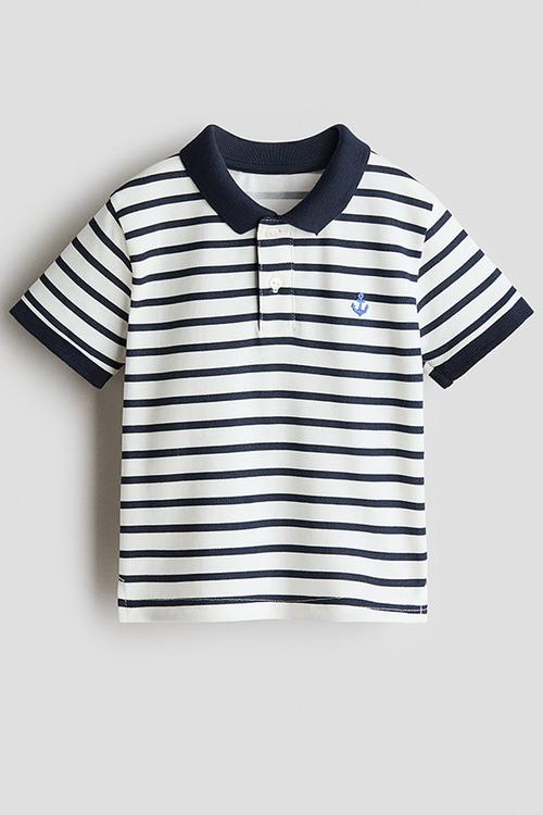 Embroidery-detail polo shirt - white/navy blue striped