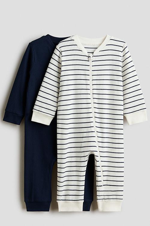 2-pack cotton sleepsuits - white/navy blue striped
