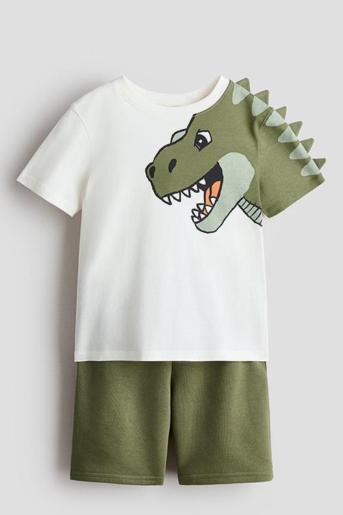 2-piece t-shirt and sweatshorts set - khaki green/dinosaur
