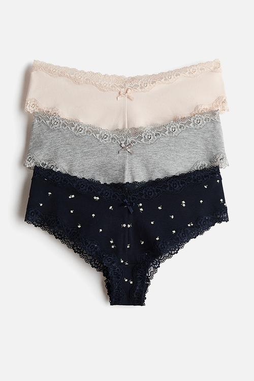 3-pack cotton and lace hipster briefs - navy blue/floral