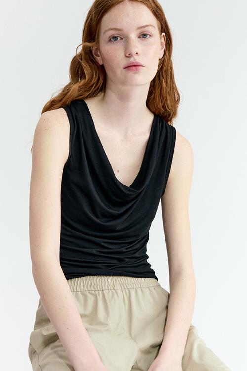 Cowl-neck jersey top - black