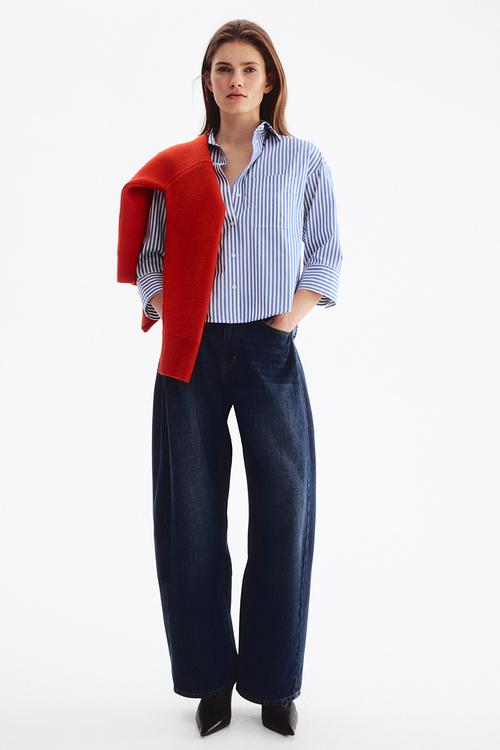 Short poplin shirt - blue/striped