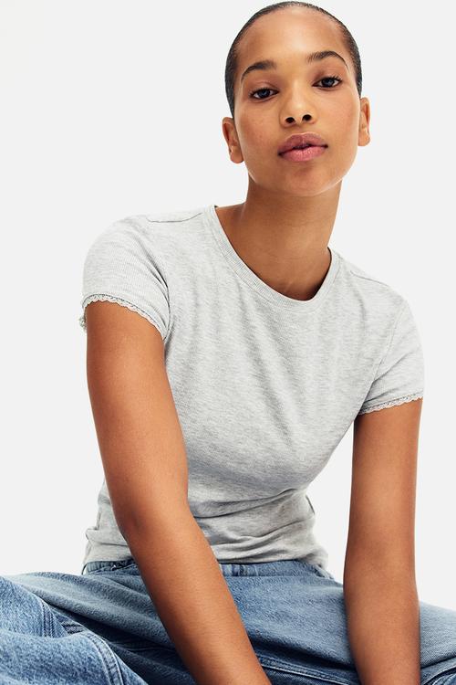 Lace-trimmed viscose T-shirt - light grey marl