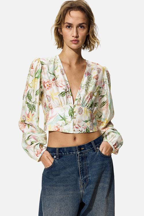 V-neck blouse - cream/floral