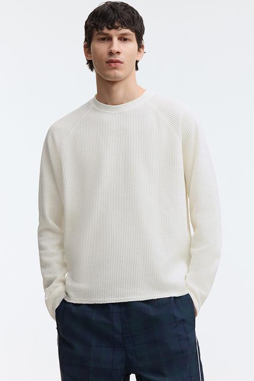 Regular fit long-sleeved waffled top - cream