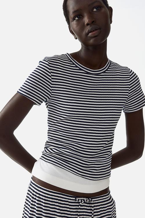 Ribbed t-shirt - navy blue/striped