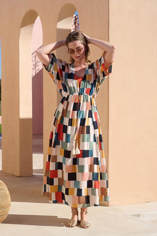 Joy Kaftan Dress With Tassel Trim - Multicolour