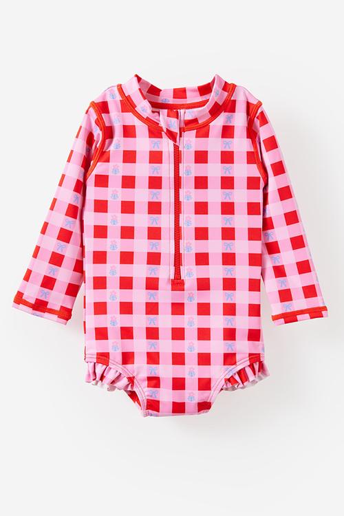 Lucy Long Sleeve Ruffle Back Swimsuit - Pop Red/Floral Gingham