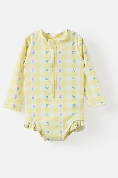 Lucy Long Sleeve Ruffle Back Swimsuit - Lemon Squash/Floral Gingham