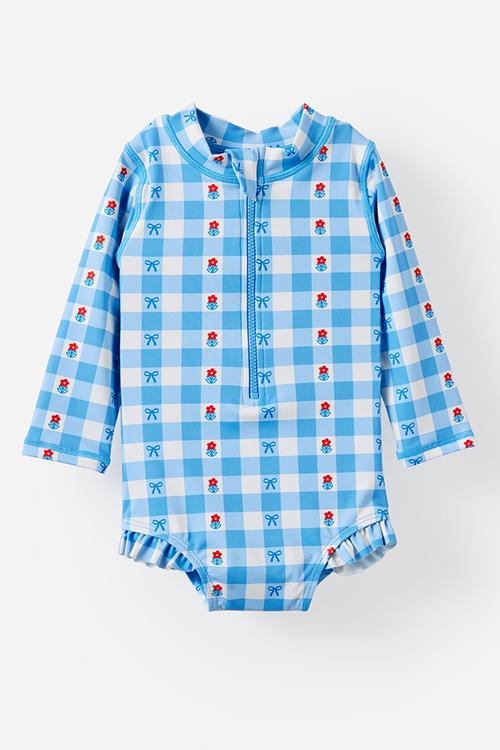 Lucy Long Sleeve Ruffle Back Swimsuit - Blue Bonet/Floral Gingham