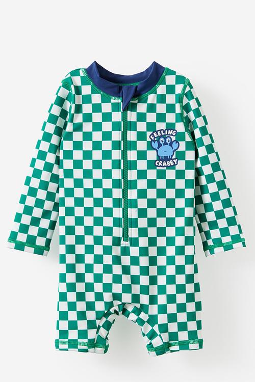 Baby Long Sleeve All In One Swimsuit - English Ivy/Checkerboard Feeling Crabby